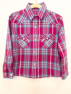 Panhandle 100% Cotton Pink Turquoise Plaid Pearl Snap Western Shirt XS Cowgirl